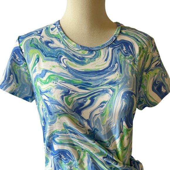 J MCLAUGHLIN ELORA DRESS M WATERCOLOR COASTAL CATALINA CLOTH RUCHED SUMMER CHIC - Picture 3 of 13